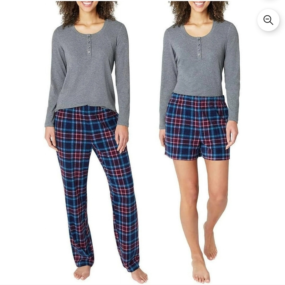 Eddie Bauer Women's Gray Top with Blue Plaid Pajama Set